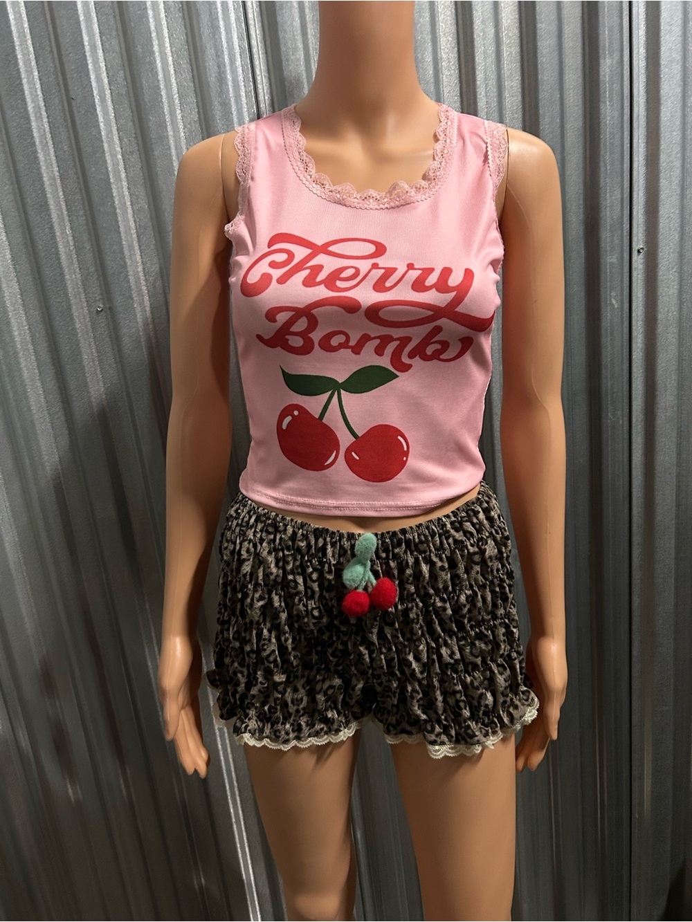 Cherry Bomb Pink Graphic Crop Tank Top and Stretchy Animal Print Short Set